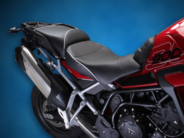 World Sport Aftermarket Motorcycle Seats on the Triumph Tiger 900 GT 2024+ shown with CFX and Silver welt for WS-781-19.